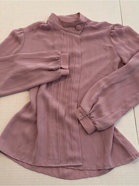 Lecomte Dusty Rose Pleated High-Neck long sleeve button down Blouse
